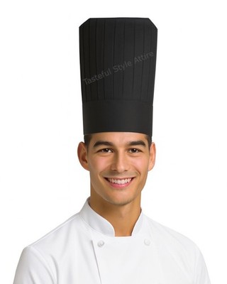 Black Tall Chef Hat Structured Pleated Adjustable Restaurant Chef Hat