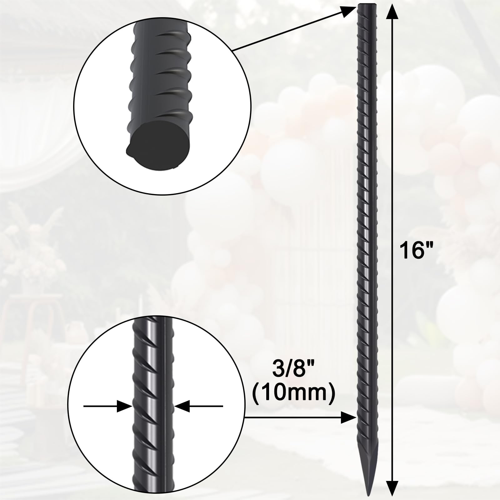 16 Inch Rebar Stakes 16 Pack Heavy Duty 3/8 Inch Diameter Ground Anchors, Lan...