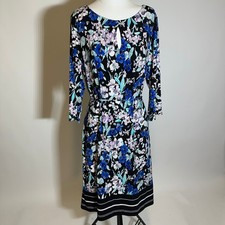 Liz Claiborne Multi Floral Print 3/4 Sleeve Keyhole Tie Belt Dress Womens Sz XL