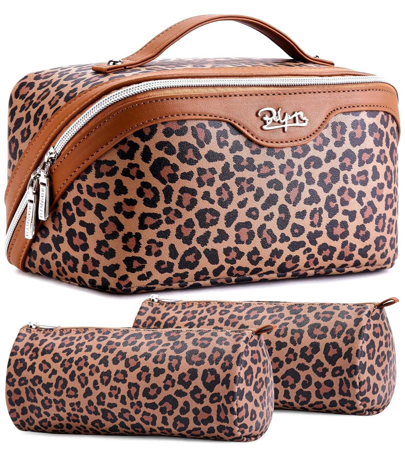 Travel Makeup Bags Organizer for Women: 3 Pcs Set Leopard Cosmetic Bag - Larg...