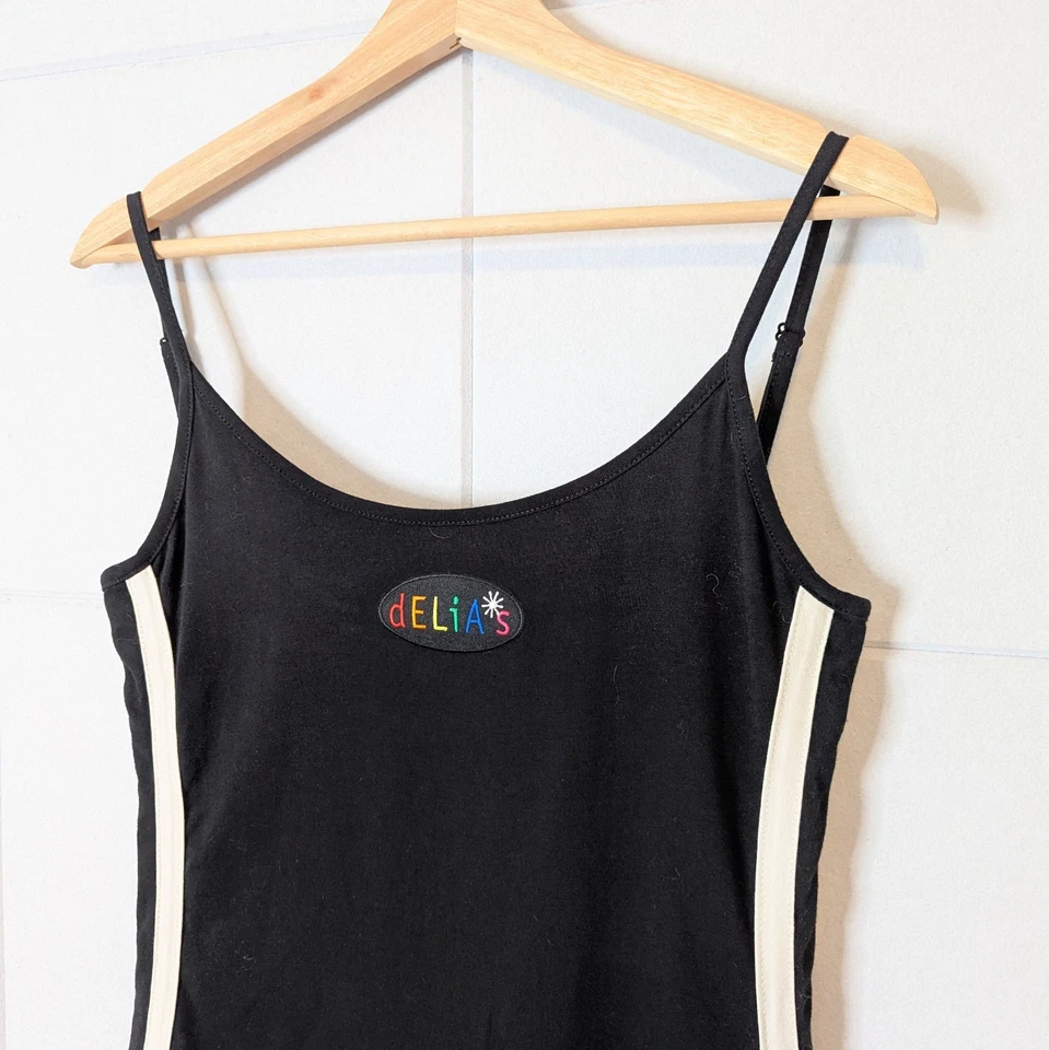 Delia’s 90s Y2K Black White Sporty Logo Spaghetti Strap Flare Mini Dress Size L - Image 2 of 4