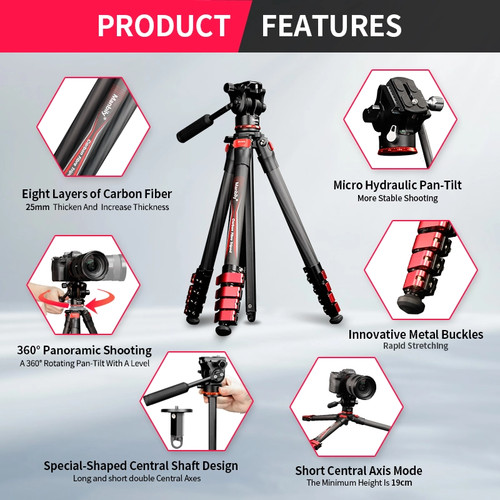 UK Manbily Camera Carbon Fiber Tripod 360° Panorama Fluid Head Tripods for DSLR - Picture 2 of 6