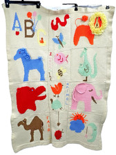 Handmade Knitted Baby Quilt Cream with Colorful Fair Zoo Animals 52x38in