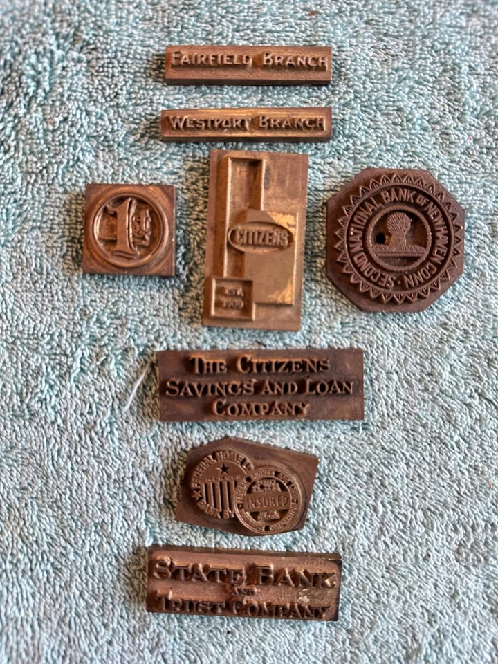 8 Solid Brass Conn. Banking System Letter Press Stamps Vintage Citizens 1st Nat. - Image 2 of 3