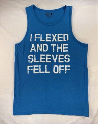 Crazy Dog Graphic Tank Top Blue Mens Large  I Flexed and The Sleeves Fell Off 