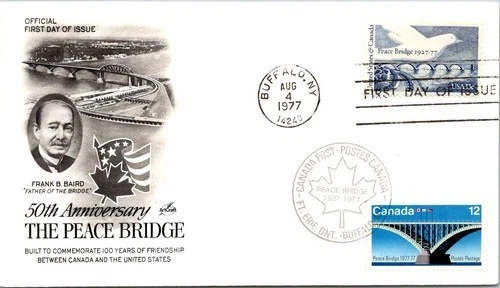 CANADA & USA PEACE BRIDGE 50TH ANNIV  1977 DUAL CANCEL ARTCRAFT CACHET FDC UNADD