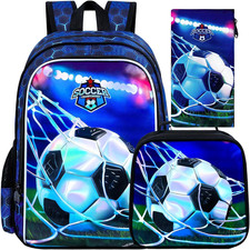 3PCS Soccer Backpack for Boys, 16" Kids Football Bookbag with Lunch Box, Water R