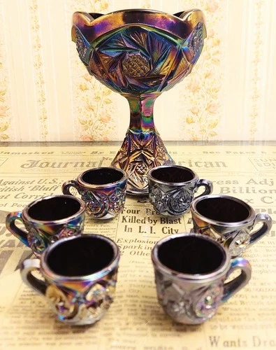 Vintage Amethyst Carnival Glass Mini Punch Bowl And 6 Cups Pinwheel Pattern