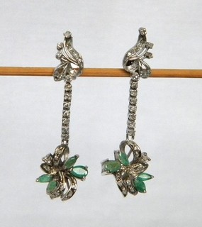 VINTAGE HANDMADE IN MEXICO 10K WHITE GOLD DIAMONDS & EMERALDS EARRINGS 8.2 GRAMS