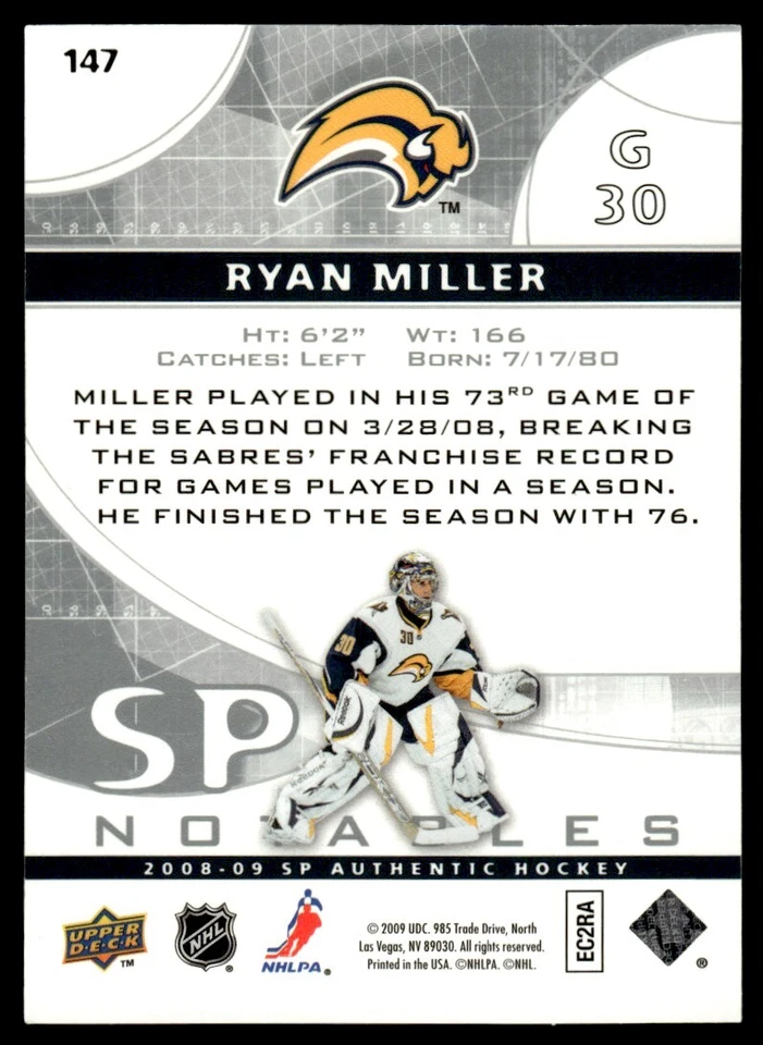 2008-09 SP AUTHENTIC NOTABLES Ryan Miller 416/999 #147 - Image 2 of 2
