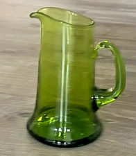 Vintage Blenko Blown Art Glass Green Dimpled Indented Water Pitcher 8.5 inch