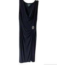 LAUREN RALPH LAUREN EVENING Maxi Dress Womens Sz 8 Faux Wrap Gown Navy Brooch