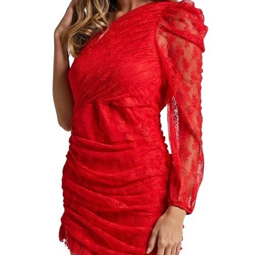 Mini abito da donna Whyte San Valentino in pizzo rosso a una spalla arricciata manica gonfiata 8