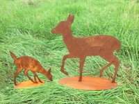 2Er Set Reh Gehend 56Cm Mit Rehkitz Fressend 33Cm Kitz Hirsche Rehe Edelrost