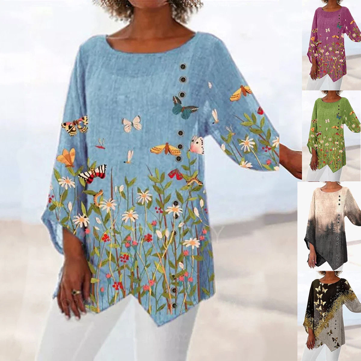 Plus Size Womens Floral Tunic Tops T-Shirt Ladies Casual Loose 3/4 Sleeve  Blouse | eBay