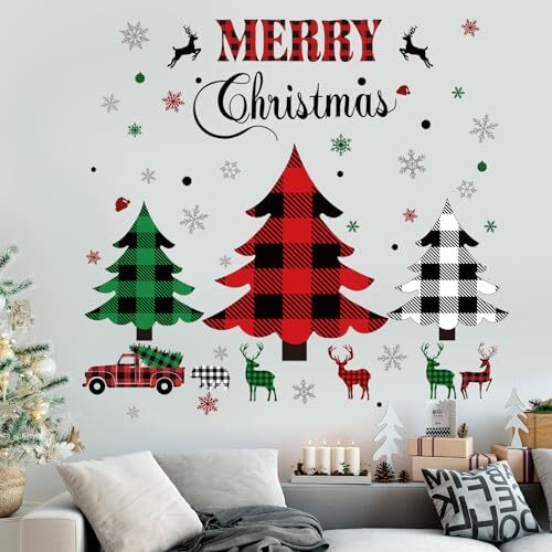 Christmas Wall Sticker Christmas Trees Window Clings Rustic Red Green Plaid