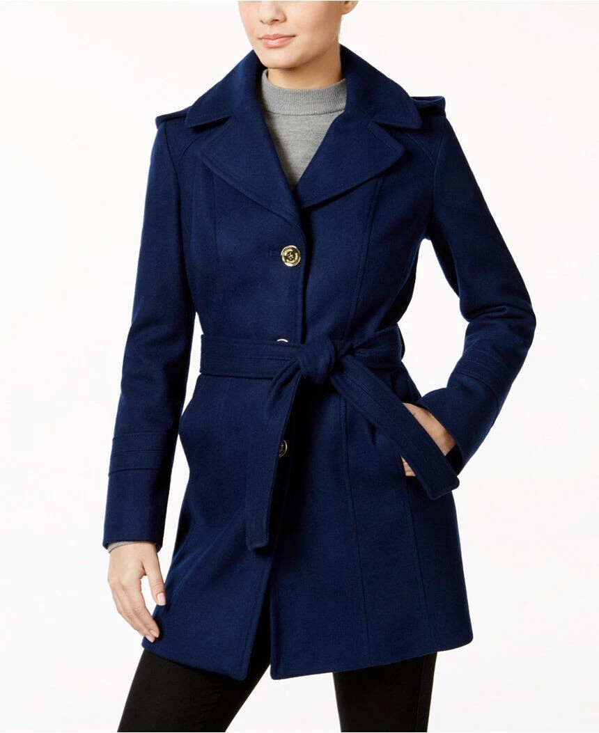 MICHAEL KORS MK trench blu zaffiro con cappuccio lana cintura cravatta vita pea 10 US