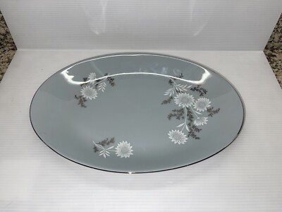 Seyel STARLITE 12.5  X 8 3/4  OVAL Serving  Plat GREY Floral PLATINUM Trim Japan