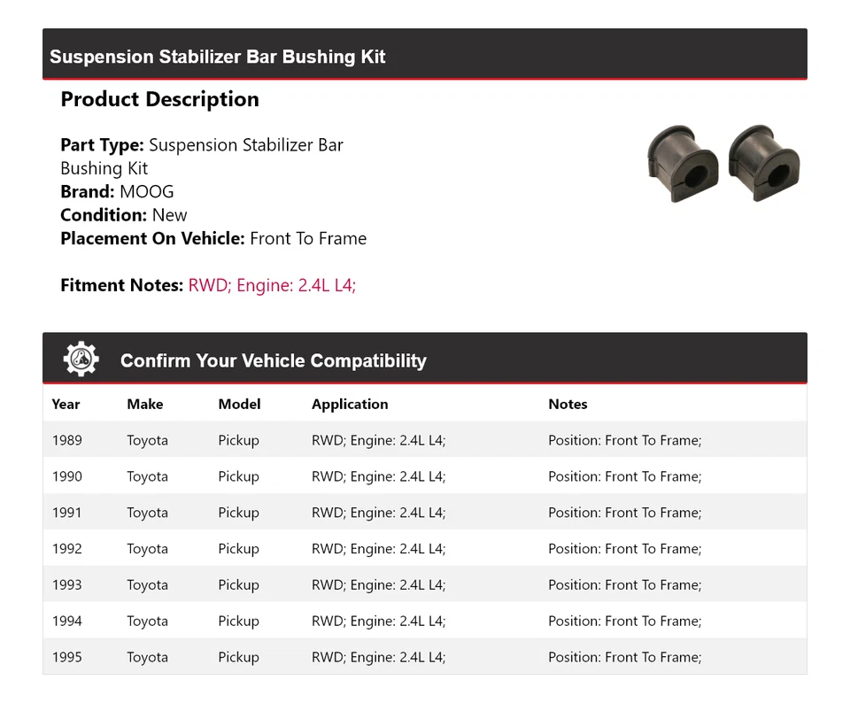 Kit de buje de barra estabilizadora de suspensión para camioneta Toyota 1989-1995 MOOG 1989 1990 Foto 2 de 4