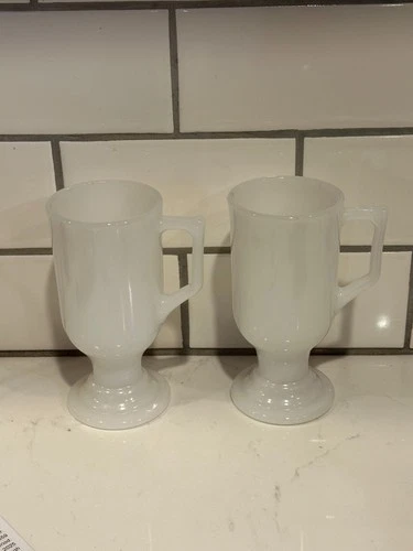 Vintage Federal Glass Milk Glass Footed Mugs Irish Coffee ~ Set of two