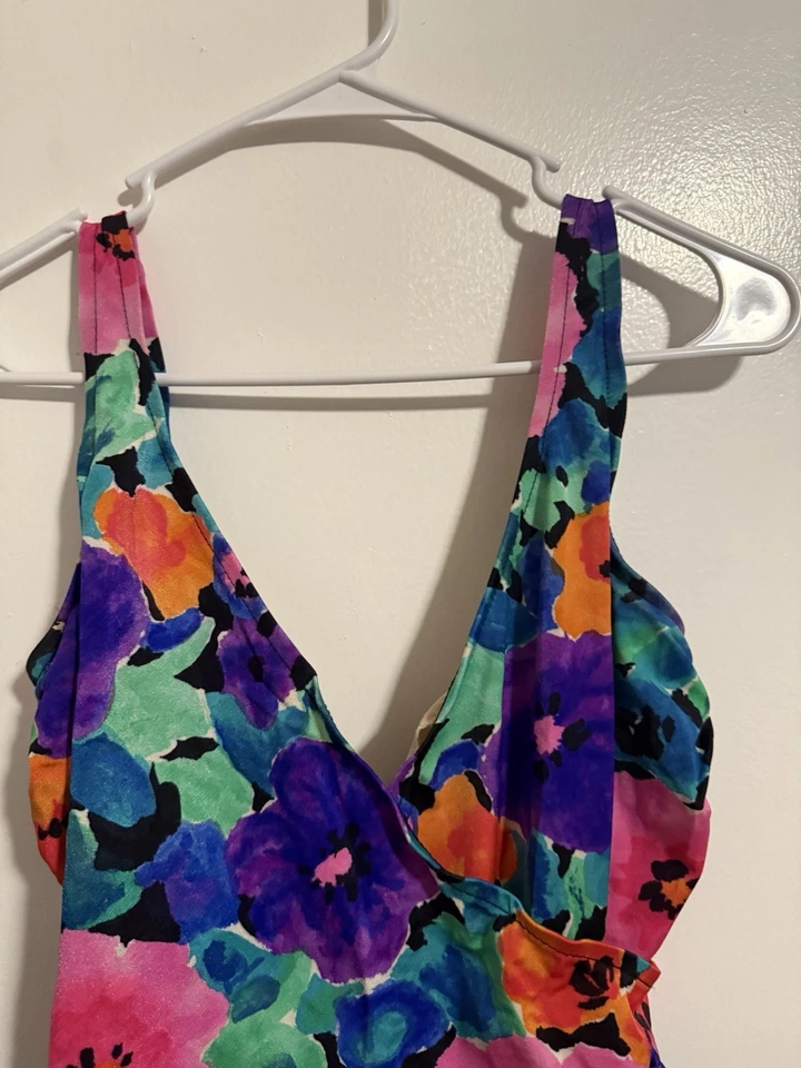Traje de baño vintage Lands End de una pieza multicolor floral envolvente bikini talla 12 C Foto 2 de 4