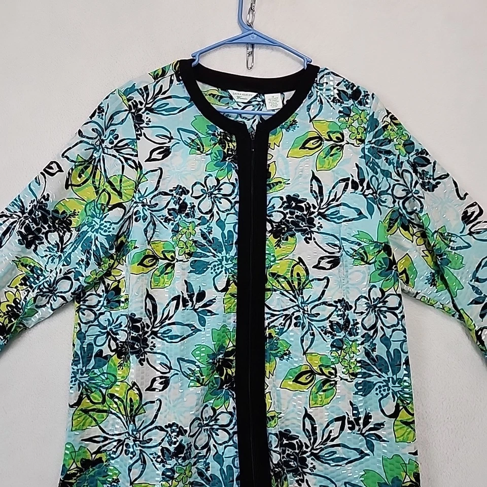 Laura Ashley Womens Jacket 1X Plus Blue Full Zip Floral Long Sleeve Artsy Sequin - Image 4 of 4