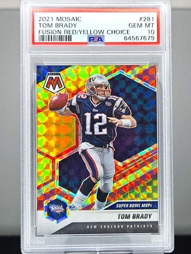 Tom Brady 2021 Mosaic Super Bowl MVP Fusion Red Yellow Choice Prizm #/80 PSA 10