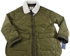 Lucky  Brand Womens Quitted Jacket New M Olive Green Long Sleeve Sherpa Collar