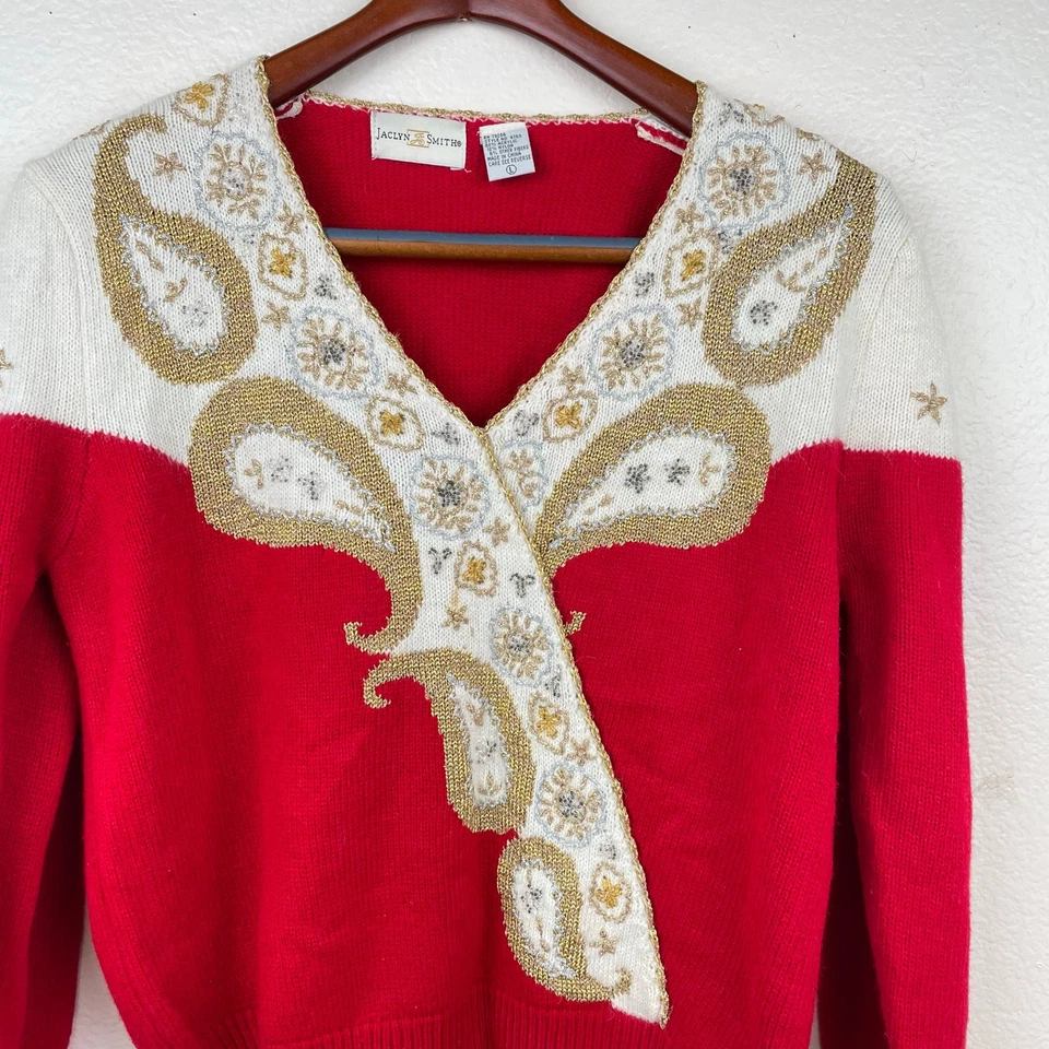 Vintage Womens Christmas Sweater Sz L Holiday Beaded Ugly Gold Embellished Red - Image 2 of 4