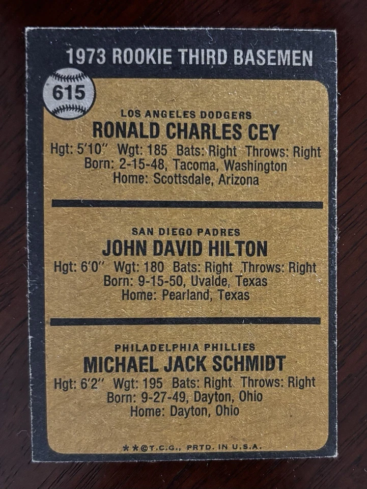 1973 年 Topps #615 - Mike Schmidt、Ron Cey、John Hilton 新秀卡名人堂 — 第 2/4 张图片