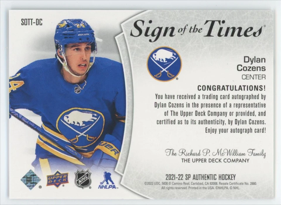 2022-23 SP Authentic Update 2021-22 Dylan Cozens Auto Buffalo Sabres #SOTT-DC - Image 2 of 2