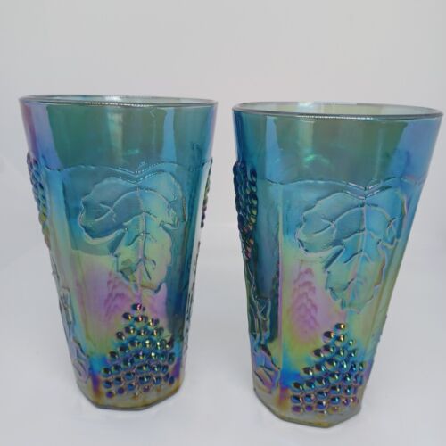 Vintage Indiana Harvest Grape Iridescent Blue Carnival Glass Tumblers Set of 2