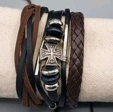 HANDMADE BOHEMIAN ADJUSTABLE SET/3 BRACELETS UNISEX LEATHER, METAL/FAUX LEATHER