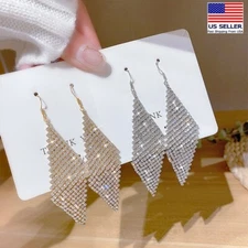 925 Sterling Silver Luxury Shine Bling Long Crystal Geometry Tassel Women 1295