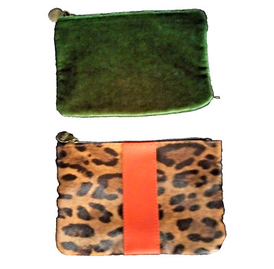 2 New Ipsy Glam Bags Leopard Print w Orange Stripe & Green Velvet w Zippers