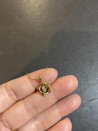 Vintage 14K Yellow Gold 3D Flower Diamond Pendent Necklace - Picture 8 of 9
