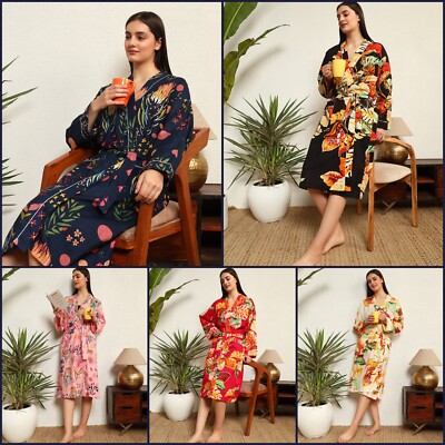 Indian Damen Kimono Baumwolle Nachtwäsche Lang Kleid Bademantel Blumenmuster