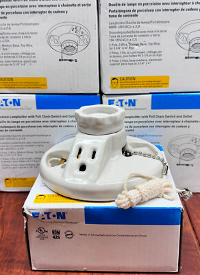 5 Pack Eaton Porcelain Lampholder Fixture pull chain & outlet Medium Base Closet