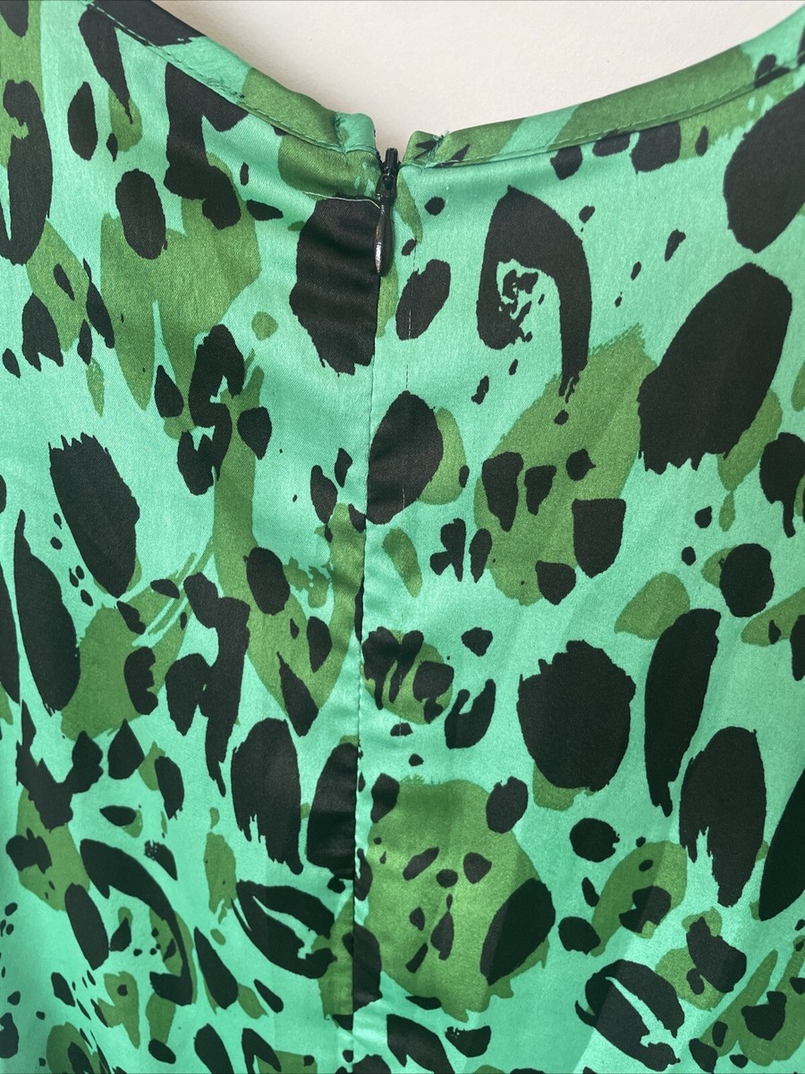 QUIZ Green Black Leopard Animal Print Satin Long Sleeve Dress, Size 12 |  eBay