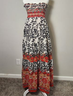 #ad Frin amp; Flint Strapless Maxi Dress Women#x27;s Medium Black Red White Boho Smocked $24.99