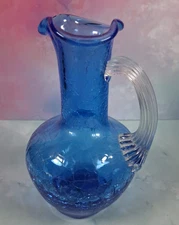 Handblown 4" Art Crackle Glass Blue Clear Decorative Handle Mini Pitcher