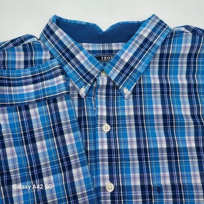 IZOD Mens 3XLT Blue Plaid Button Down Shirt Premium Essentials 100% Cotton