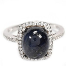 925 STERLING SILVER NATURAL BLUE SAPPHIRE OVAL CABOCHON WHITE CZ RING SIZE 7