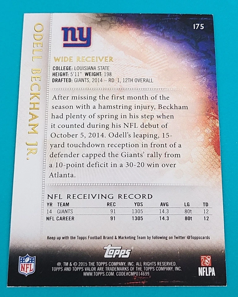2015 Topps Valor #175 Odell Beckham Jr. New York Giants FOOTBALL Card G7 - Image 2 of 2