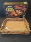 Pyrex Baker in a Basket 3qt 9x13 Dish Woven Basket Handles Box 1970s Vintage