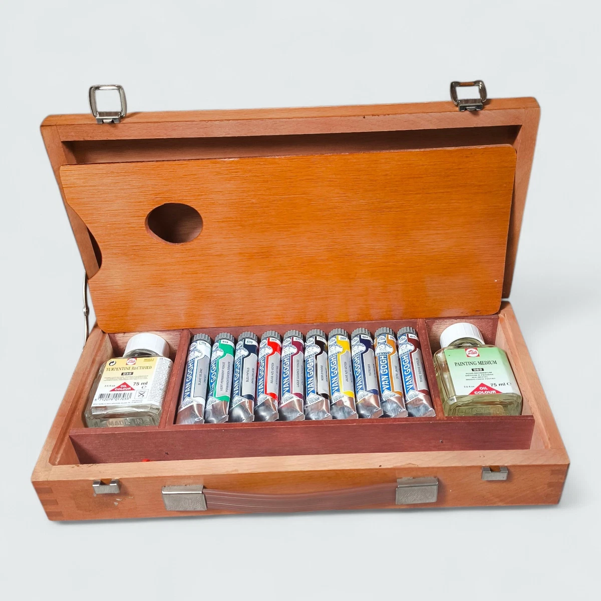 BOÎTE DE PEINTRE anc. BOIS GARNIE TUBES PEINTURE à l'HUILE PALETTES & PINCEAUX EUR 52,90 - FR