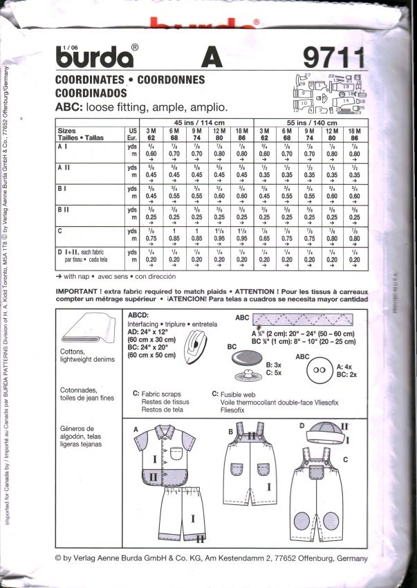 9711 Vintage Burda Sewing Pattern Girls Shorts Hat Overalls Toddler Top Sew Baby - Image 2 of 2