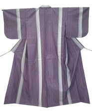 Japan Silk Tsumugi Kimono XS Purple Silver Stripe Yuki 24.4" Vintage Casual Wear