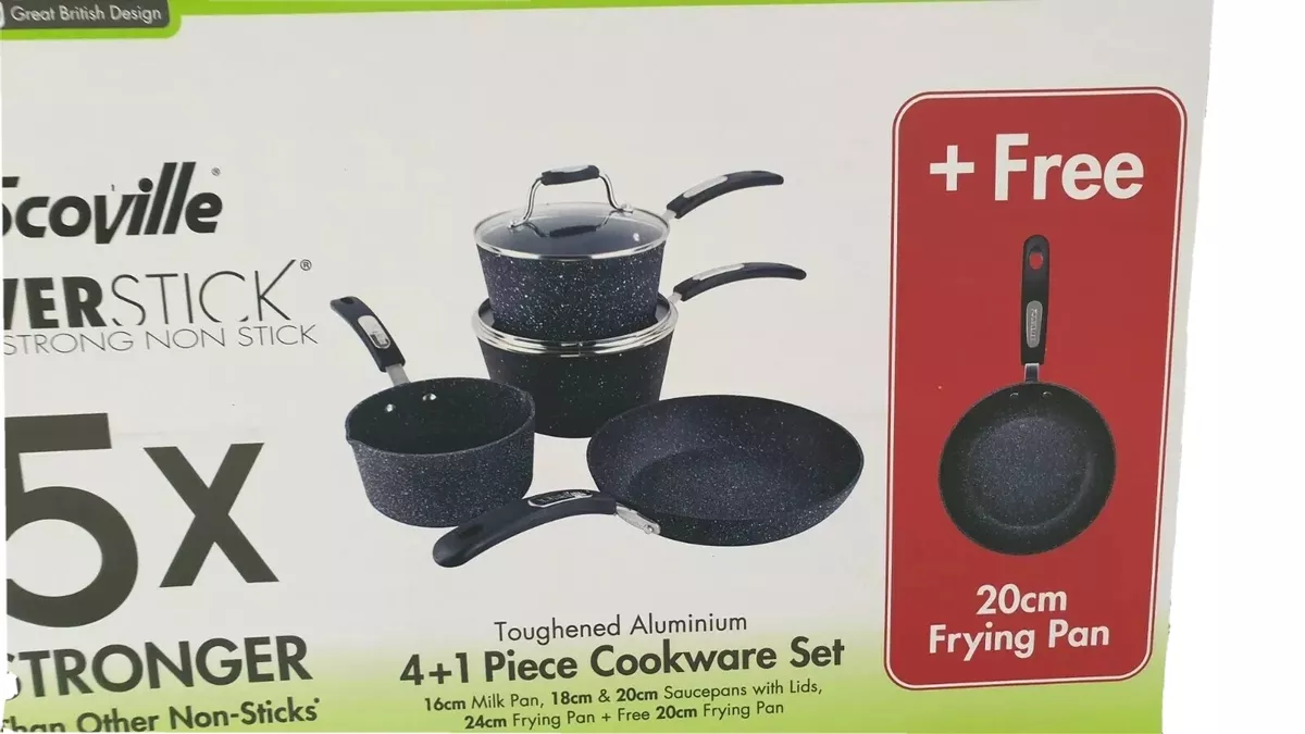 Scoville Never stick Cookware Set 5 Piece 3 sauce pans 2 fry pans and 2 lids