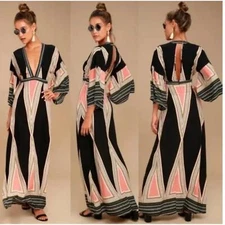 Lulus Montecito Dress Black Print Maxi Womens Extra Small Boho